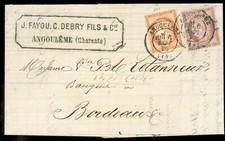 TB lettre bancaire Angoulême-Bordeaux 1876 avec 2 TB Cérès dentelés tardifs !