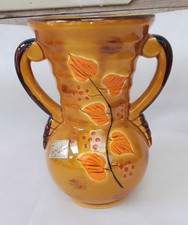 Vase À Anses Poët-Laval Céramique D'art Marron Fleurs Orange 22 Cm