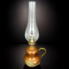 Lampe à Pétrole Ancienne Cuivre Laiton et Tube en Verre Vintage Déco