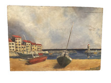 peinture sur bois marine bord de mer  signé Yves bateau peche