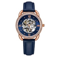 Stuhrling 3991 2 Automatique Squelette Cristal Accentué Cuir Bleu Montre Femmes
