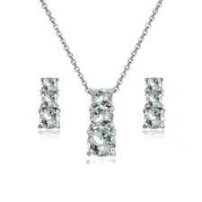 Rond Trois Pierre Lumière Aigue-Marine Clou Argent Sterling Boucles & Collier