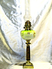ANCIENNE GRANDE LAMPE PETROLE OPALINE VERTE EMAILLE PIED BRONZE MARBRE OIL LAMP