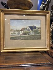 ancien Tableau Epoqu 1900 Aquarelle Paysage  Hameau Village Ferme En Été Encadré