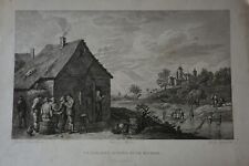 David TENIERS (1610-1690) GRAVURE XVIII° SCENE PAYSAGE CAMPAGNE CABARET RIVIERE