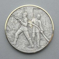 French, Vintage Medal. Man, Men. Firefighter, Fireman. Helmet, Nozzle.