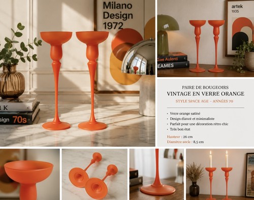 Paire bougeoirs verre orange - paire,
