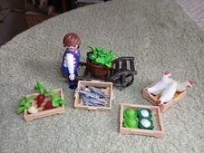 PLAYMOBIL Lot N°5 Maraîcher et charriot, cageots panier poules poissons légumes