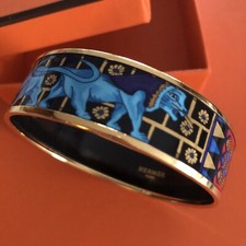 Magnifique Bracelet Hermès Cercle Doré- Email Bleu - Boîte- 7 cm - Éléphants