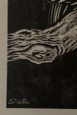 Tableau ancien estampe Art Deco Saint Gilles chouette chevèche martin chasseur