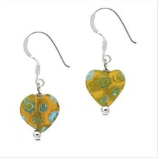 925 Argent Jaune Millefiori Murano Verre Coeur Boucles D'Oreilles Pendantes
