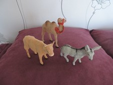 Lot 3 Anciens santons floqués Devineau  Âne + Boeuf + Chameau crèche Déco Noêl