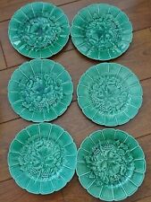 VINTAGE SIX DESSERT PLATES MAJOLICA GREEN SARREGUEMINES FRANCE