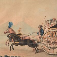 Gouache Napolitaine encadrée XIXe Siècle 1847 corricolo calèche Italie