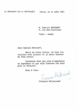 A peine élu, François MITTERRAND veut voir Gabriel MATZNEFF. Lettre signée. 1981