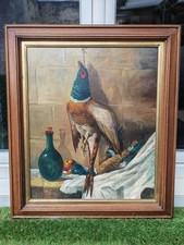 nature morte vintage huile sur toile, faisan et canard signée G. Mallet 60x68