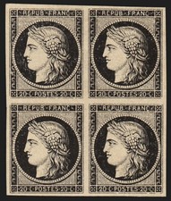 n°3, bloc de quatre, Cérès 1849, 20c noir sur blanc, essai, neuf (*) - SUPERBE