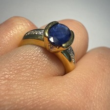 Bague En Or 18 Carats 750/1000 Avec Saphir Bleu Et 6 Diamants 4,04 Gr T51/52