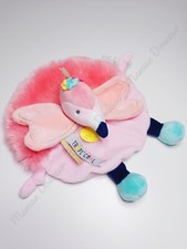 Doudou Plat Rond Flamant Rose Bleu Jaune Doré Or Tropicool - Doudou Et Compagnie