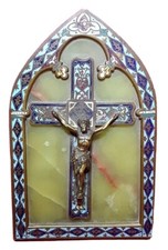 XIXe Crucifix Jesus Christ Emaux Cloisonné & Onyx -Émaille Russe Bronze Statue