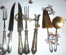 LOT ANCIEN COUVERTS DE SERVICE EN MÉTAL ARGENTÉ MANCHE ARGENT FOURRÉ 19éme