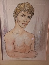 tableau peinture aquarelle gouachée portrait d'homme signé Anatola Soungouroff *