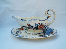 ancienne grande sauciere gien faience fine modèle Coq pivoine anse dauphin 1940