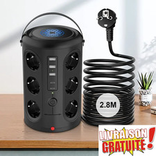 Tour Multiprise 12 Prises EU + USB/Type-C, Protection Surcharge, Câble 2.8M