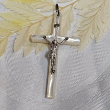 Grande Croix Ancienne Nacre Et Argent Xixe France 56x30mm