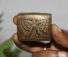 En Laiton Vintage Bijoux Boîte Floral Incrustation Gravé Main Peint Old Original