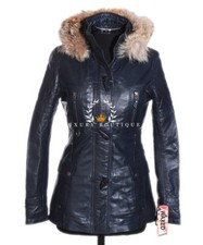 Jenifer Bleu Femmes Fourrure Capuche Designer Agneau Cuir Parka Veste Polochon