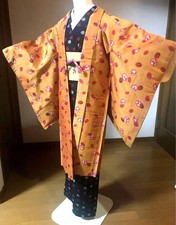 Kimono japonais Haori Long Meisen ancien à pois rouges moutarde️