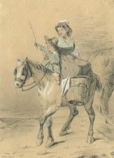 Mère et enfant à dos de cheval- Dessin original ancien