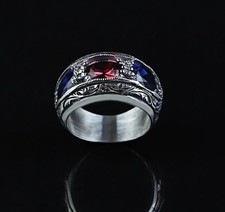 Solid Silver 925 Signet hand engraved Men's Jewelry Sapphir & Ruby Band Ring