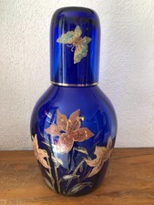 ❤️ Ancien service de nuit émaillé  carafe + verre fleurs papillons LEGRAS