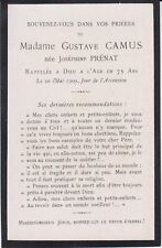 Mémento Mme Gustave CAMUS née Joséphine PRÉNAT (1834-1909) - Lyon (Rhône).
