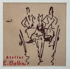 Couple Caleche Cheval EMMANUEL BELLINI Voiture DESSIN ORIGINAL XX°