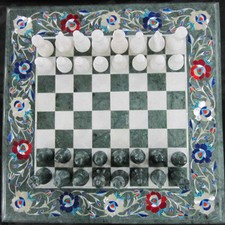 Table De Jeu D'Échecs En Marbre Vert Incrusté 12" Décor De Maison