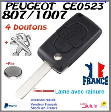 CLE PLIP COQUE PEUGEOT 807 1007 / 4 BOUTONS / CE0523 / LAME AVEC RAINURE   +PILE