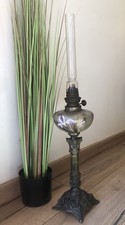 Grande lampe à pétrole émaillée ancienne Cristal de Bohème Art Nouveau