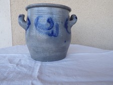 Ancien Pot en Grès Poterie Alsacienne Gris Motif Bleu  Décoration Vintage