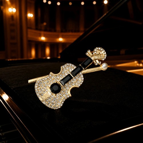 Rhinestone violin brooch pin - rhinestone,