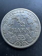 ALLEMAGNE - 1/2 mark argent, 1905 A, Wilhelm II, Rare, Bel exemplaire