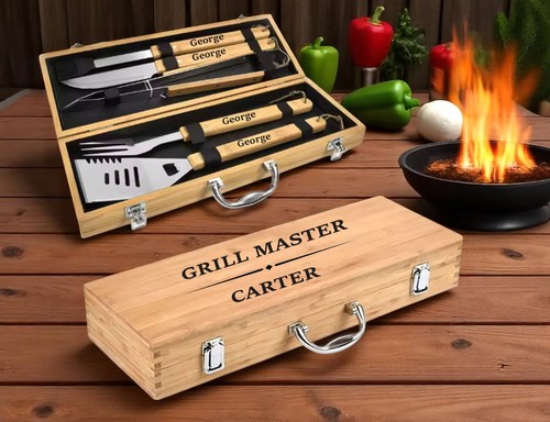 Engraved wooden barbecue set - engraved,