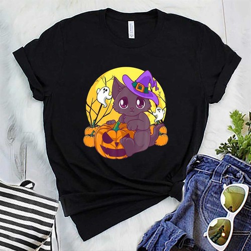 Girls halloween shirt cat - girls,