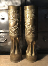 Paire D’obus 75 En Cuivre Art Des Tranchés 1914-1918 H 34,3 Cm