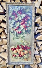 ANCIENNE GRANDE CHROMOLITHOGRAPHIE CERISES PECHES NATURE MORTE SIGNEE TALBUSERA