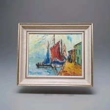 Peinture Ancienne Huile Sur Toile paysage Marin Bateau Tableau Miniature Encadré