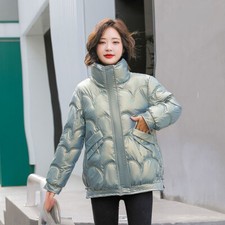 Brillant Femme Hiver Doudoune Matelassé Levé Col Court Épais Chaud Veste