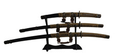Set 3 Katanas sabres japonais samurai épées imitation Noir + support décoration